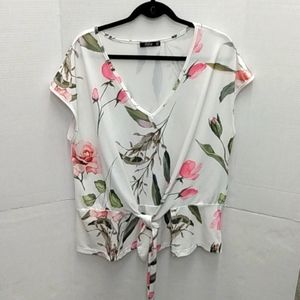 Lily Pink Floral tie front cap sleeve top 1XL